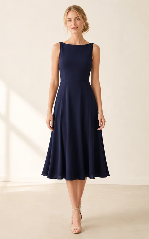 Robe de confirmation bleu marine simple, sans manches, coupe bateau, en mousseline de soie, longueur thé, coupe trapèze, style A, longueur thé