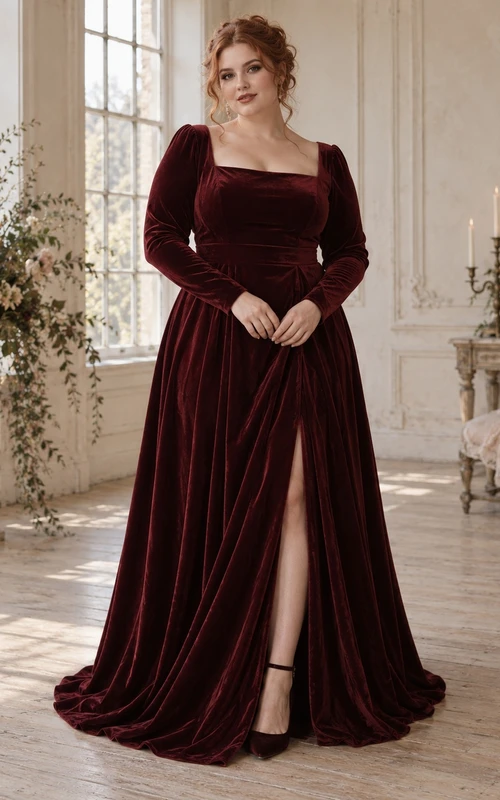 Vestido de dama de honor gótico de talla grande con cuello cuadrado, manga larga y abertura, de terciopelo burdeos.