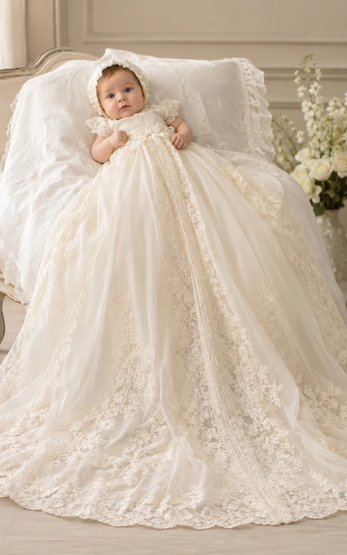 Luxury Baby Baptism Christening Ceremony Gown Ball Gown Floor-Length Chapel Train Jewel Neck Long Sleeve Tulle Lace Embroidered Hem