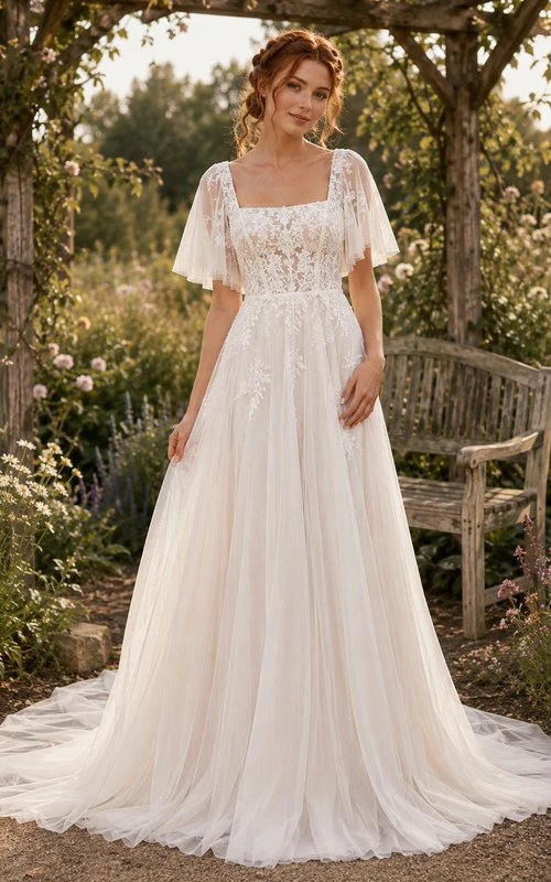 Schneller Versand: Boho-Brautkleid mit flatternden Ärmeln und Spitze