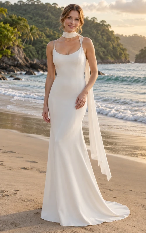 Schlichtes Meerjungfrauen-Brautkleid aus Crêpe mit U-Boot-Ausschnitt, dünnen Trägern und langem Schal