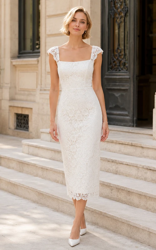 Midi-Kleid aus Spitze mit quadratischem Ausschnitt, kurzen Ärmeln und Spitze für standesamtliche Hochzeiten