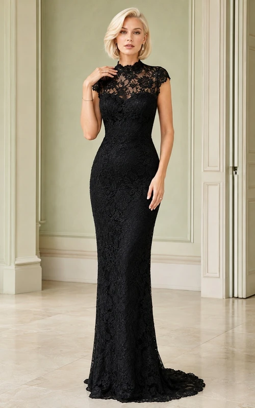Black Lace Short Sleeve Mermaid Evening Gown Classic