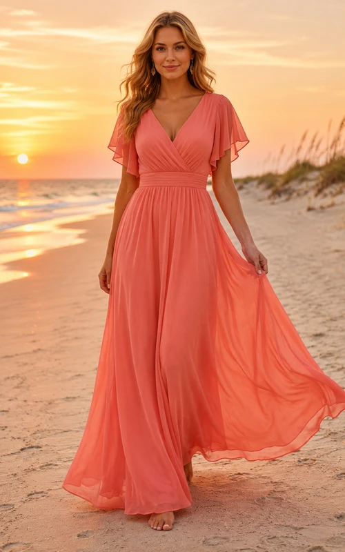 Coral Sunset Beach Wedding Guest Dress A-Line Chiffon V-Neck Short Sleeve Floor-Length Side Slit