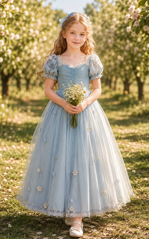 Robe de demoiselle d'honneur bleu ciel en dentelle et tulle, coupe trapèze, col rond, longueur thé