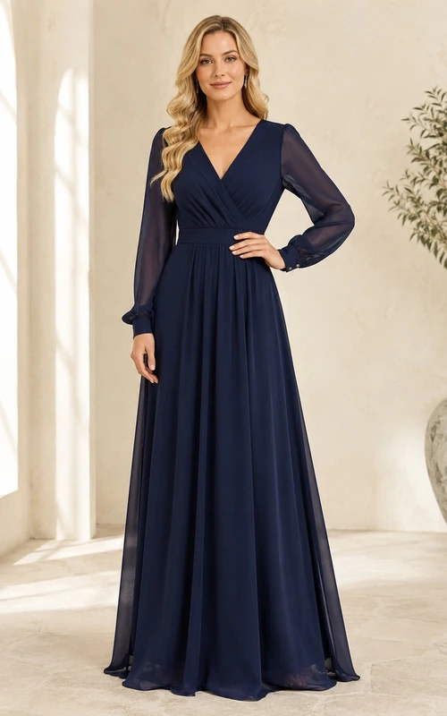 Dark Navy V Neck Long Sleeve Chiffon Empire Maxi Guest Reception Dress