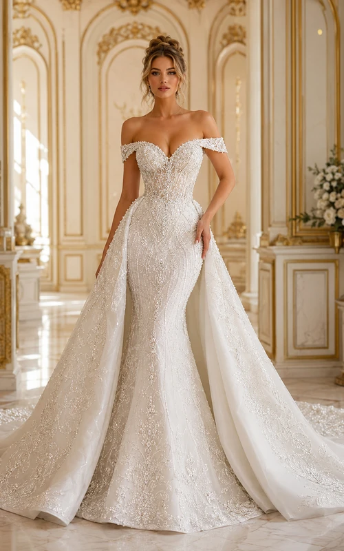 Robe de mariée sirène en dentelle avec bustier décolleté cœur et jupe longue à traîne chapelle