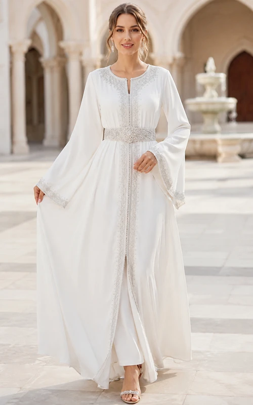 Modern Bridal Caftan Two Piece Jumpsuit Jewel Neck Long Cape Sleeve Wedding Outfit
