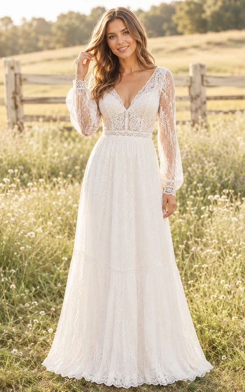 Vestido de compromiso largo hasta el suelo, estilo bohemio, con escote en V y encaje, manga larga y corte en A.