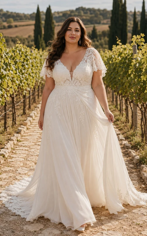 Vestido de novia de talla grande con escote en V, corte en A, de gasa, estampado de viñedos y mangas de encaje.