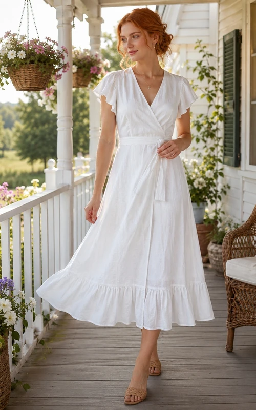 White Cotton V-neck Short Sleeve A-Line Tea-length Vintage Casual Country Garden Ruffled Dress
