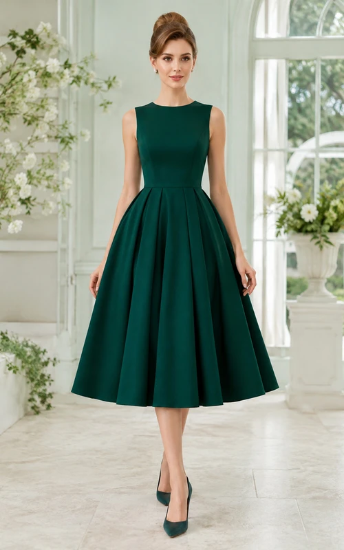Vestido de cóctel vintage de satén plisado sin mangas con cuello alto, color verde oscuro