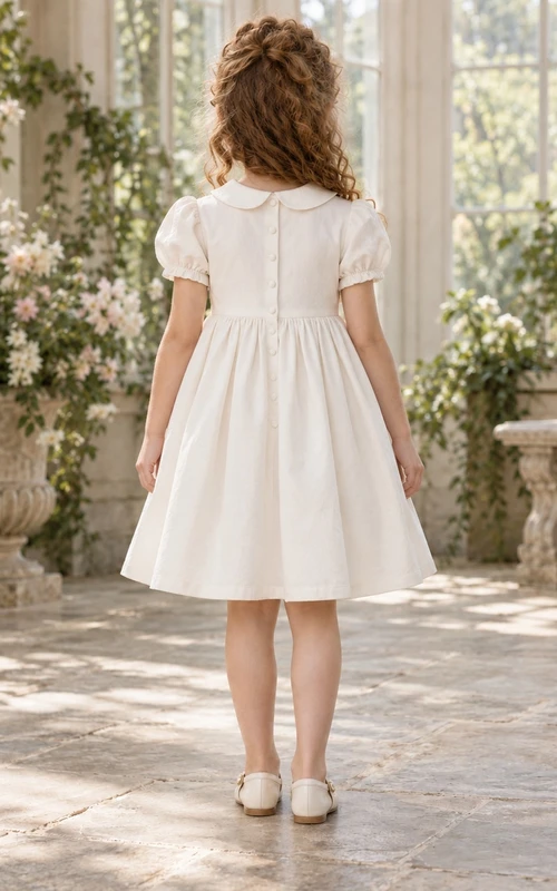Schlichtes weißes knielanges Blumenmädchenkleid mit Rosenmuster, Schleife, abgerundeten Puffärmeln und Raffungen