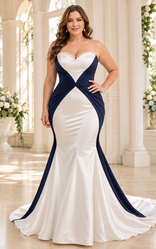 Marineblaues, farblich abgesetztes Meerjungfrauen-Brautkleid mit herzförmigem Ausschnitt, ärmellos, aus Stretch-Satin, modern