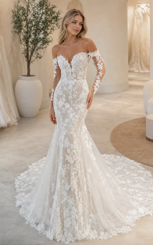 Elegantes, schulterfreies Meerjungfrauen-Brautkleid mit langen Ärmeln, Illusion-Ausschnitt und langen Ärmeln aus Spitze