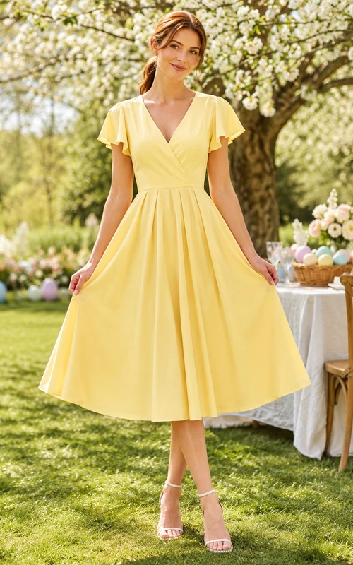 Pastel Yellow Flutter Sleeve V Neck A Line Midi Dress