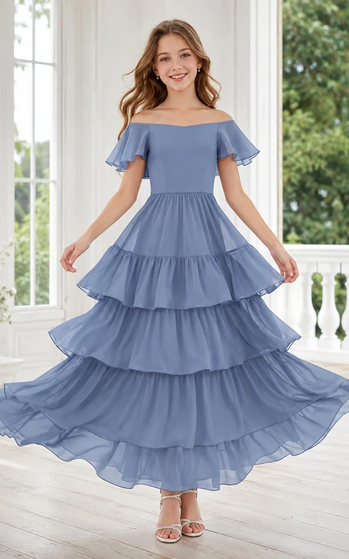 Stahlblaues Brautjungfernkleid für junge Frauen, A-Linie, ärmellos, Chiffon-Stufenrock, romantisch