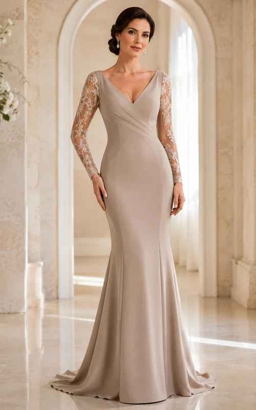 Abendkleid in Meerjungfrauenform mit V-Ausschnitt, Dreiviertelärmeln und taupefarbener Spitze