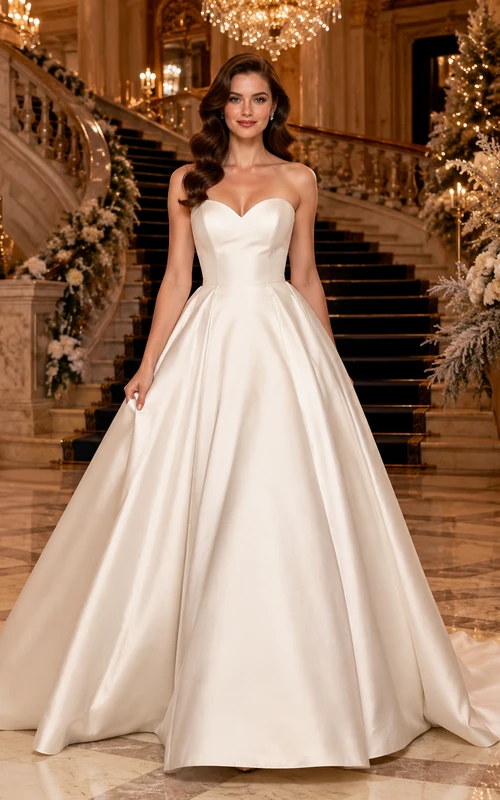 Winter Strapless Satin Ball Gown Wedding Dress With Bow