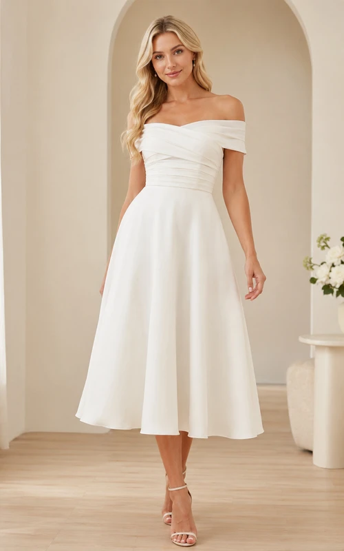Outdoor Ivory A-Line Tea-length Off-the-shoulder Short Sleeve Chiffon Vintage Romantic Cocktail Guest Garden Dress