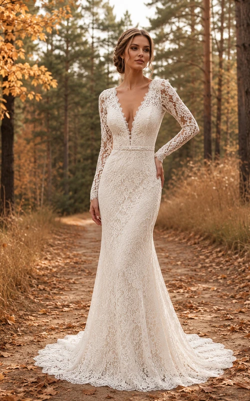 Autumn Long Sleeve V-Neck Lace Mermaid Forest Elopement Gown