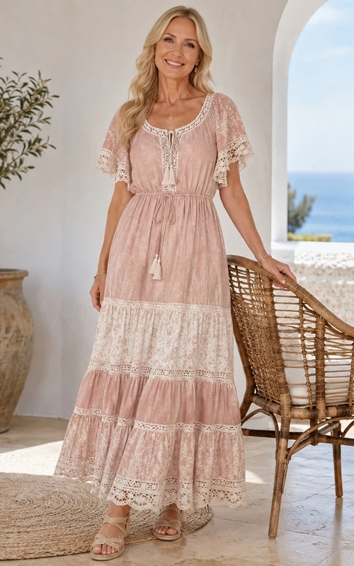 Boho-Kleid in Blush mit Rundhalsausschnitt, Glockenärmeln, Spitzeneinsatz und Stufenrock in Knöchellänge – perfekt für Mütter