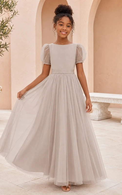 Junior-Brautjungfernkleid, A-Linie, eckig, kurze Puffärmel, Tüll, schlicht und elegant