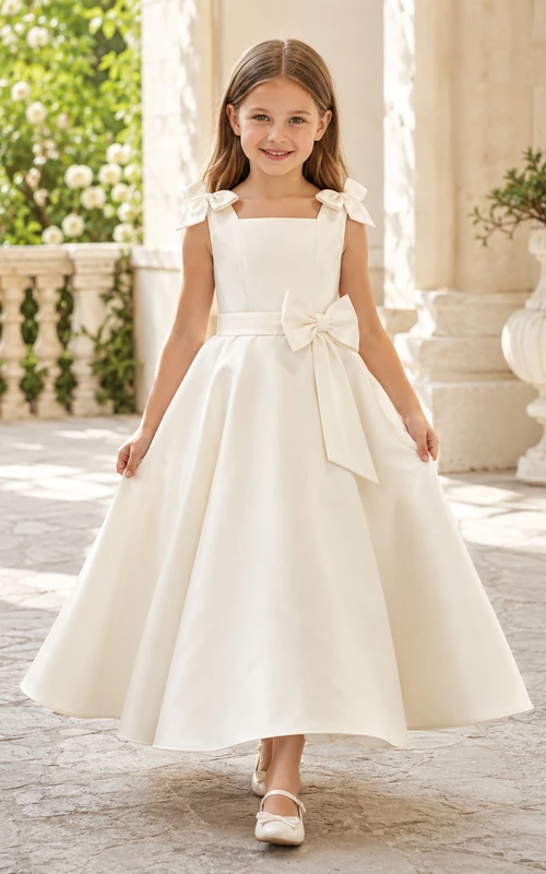 Flower Girl Dress Ivory Lace Tulle A-Line Jewel Neck Tea Length
