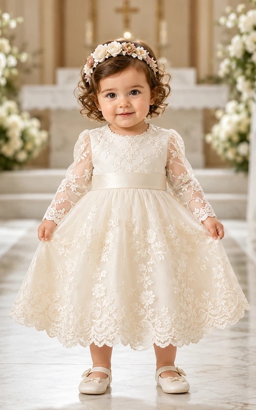 Modest Baby Baptism Christening Ceremony Dress A-Line Tea-Length Jewel Neck Long Sleeve Tulle Lace Floral Detail Bow Back Button Back