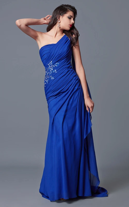 Elegantes, einseitig gerafftes, langes, formelles Netz-Kleid mit Schulterdrapierung