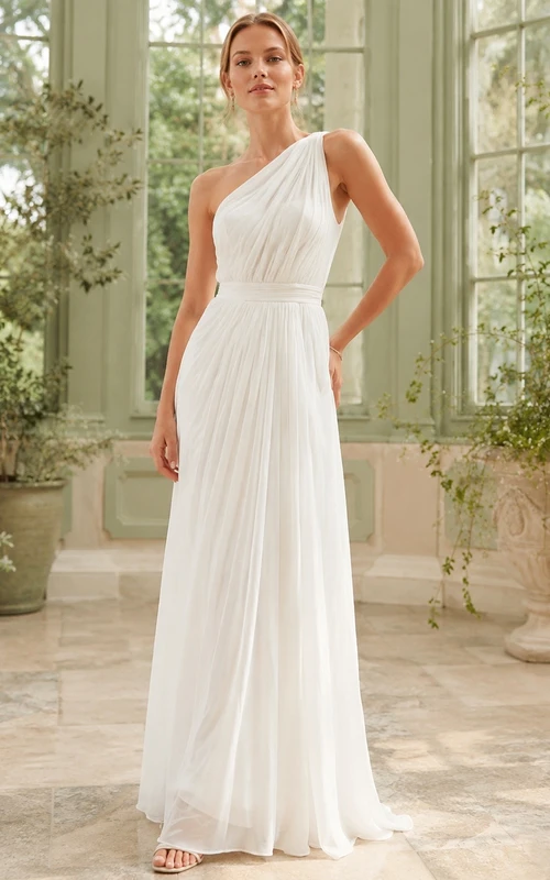 White One-Shoulder Sleeveless Chiffon A-Line Beach Maxi Dress