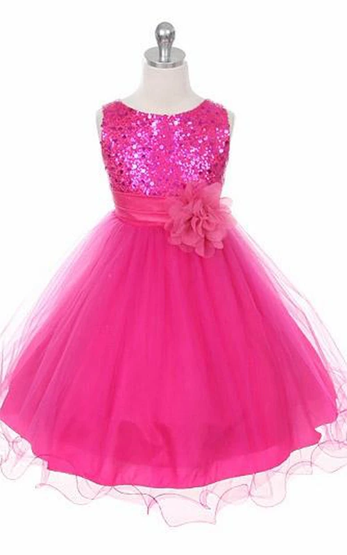 Teelanges Blumenmädchenkleid aus Pailletten und Satin mit Schärpe