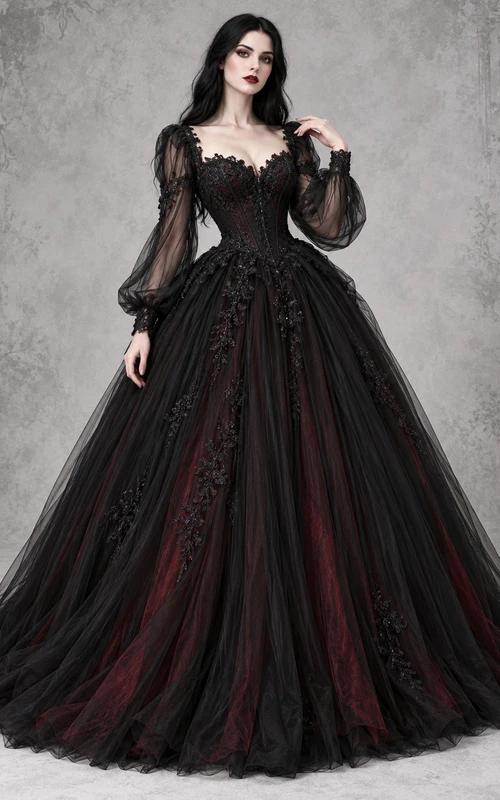 Robe de bal gothique noire à décolleté cœur et manches longues style poète