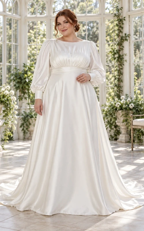 Vestido de novia de satén de manga larga, corte imperio, corpiño fruncido y cola de barrido.