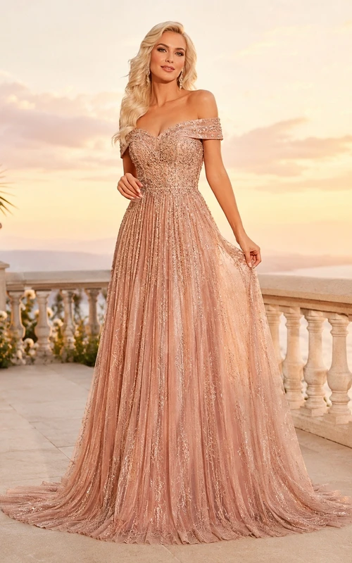Rose Gold Off Shoulder Pleated Chiffon Romantic Evening Gown