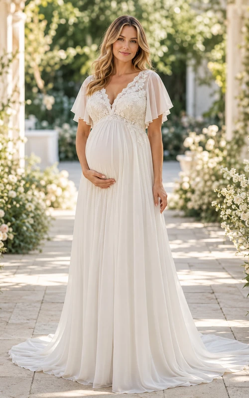 Robe de mariée longue en mousseline et dentelle, coupe empire, col en V, manches courtes, idéale pour la plage.