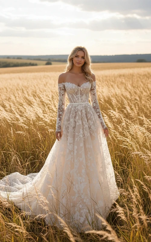 Robe de mariée romantique en dentelle florale à épaules dénudées, coupe trapèze, avec corsage corset