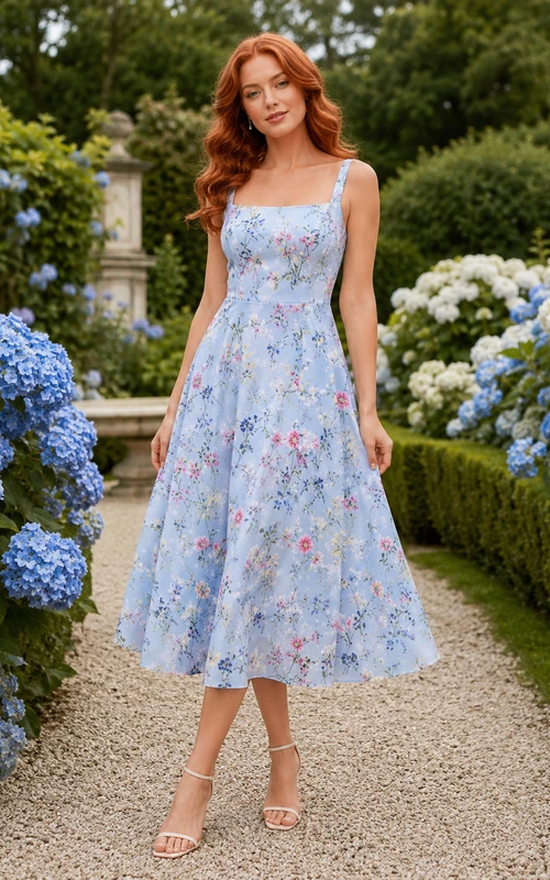 Blue Floral Spaghetti Strap Garden Guest Midi Dress