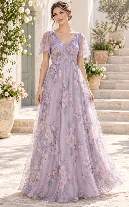 Vestido de dama de honor largo hasta el suelo de gasa con escote en V y mangas con volantes, estampado floral lavanda.