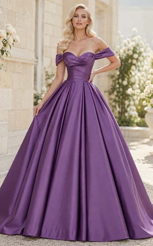Robe de bal plissée en satin couleur raisin, épaules dénudées et traîne courte