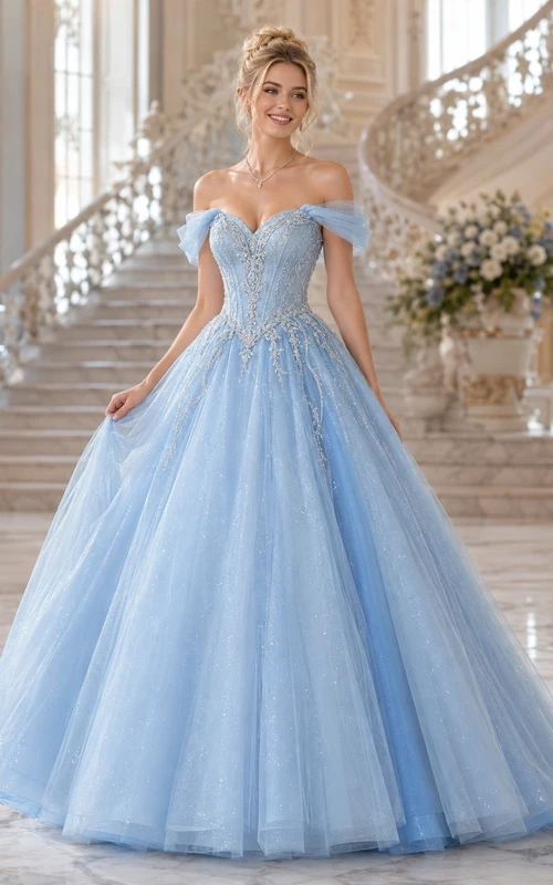Sky Blue Tulle Off-the-Shoulder Ball Gown Floor-Length Sweet 16 Dress