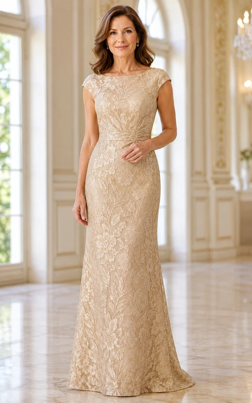 Champagne Cap Sleeve Lace Sheath Mother Dress