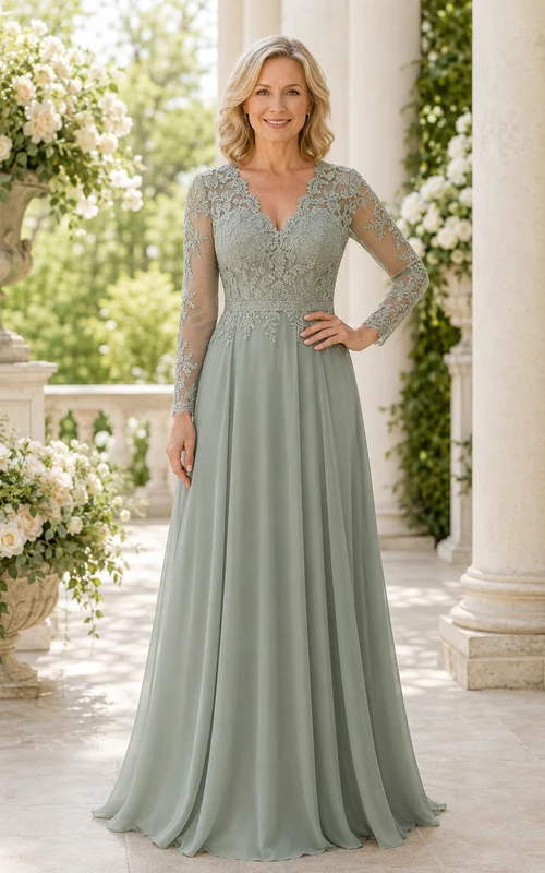 Salbeigrünes A-Linien-Kleid für Mütter mit langen Ärmeln und Oberteil aus Spitze