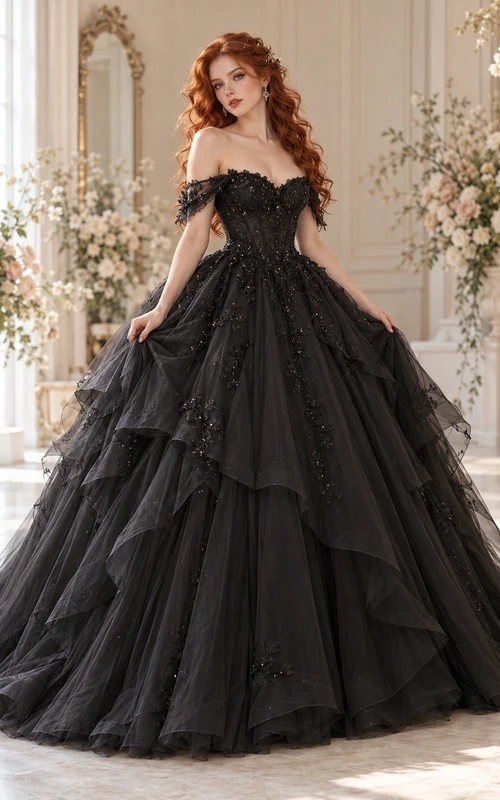 Black Off Shoulder Corset Tiered Ruffle Tulle Ball Gown Wedding Dress