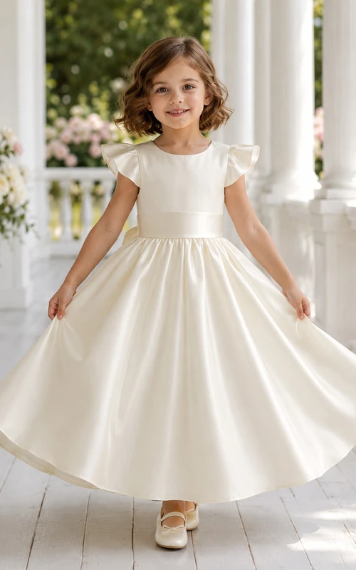 Flower Girl Dress Ivory Satin A-Line Jewel Neck Tea Length Bow Detail
