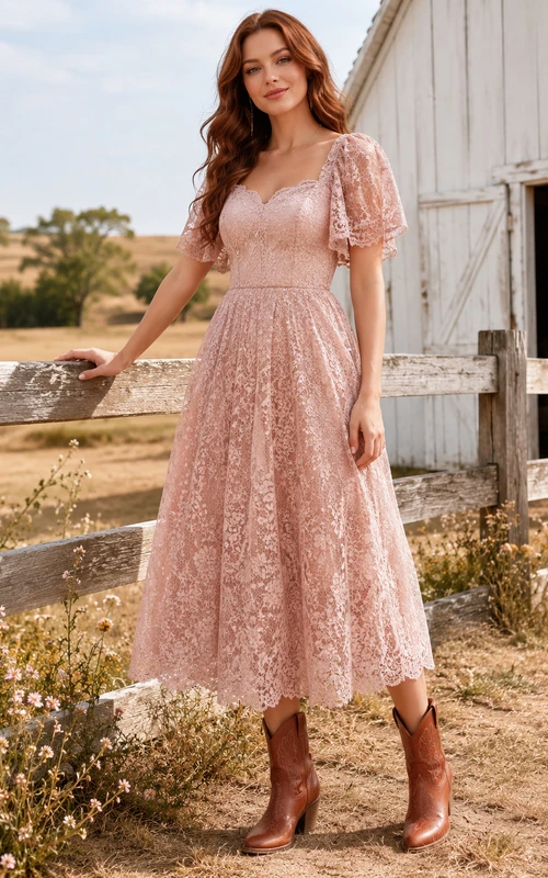 Altrosa Spitzenkleid mit Puffärmeln, V-Ausschnitt und Teelänge