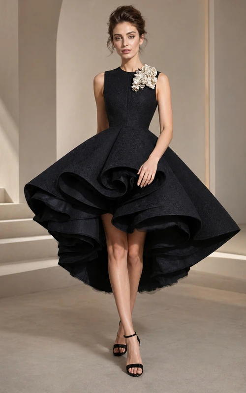 Vestido de cóctel/boda/fiesta negro formal gótico asimétrico con volantes y múltiples capas y escote joya