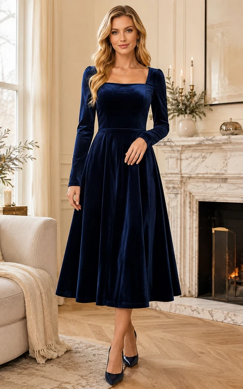 Navy Square Neck Long Sleeve Velvet Winter Occasion Dress