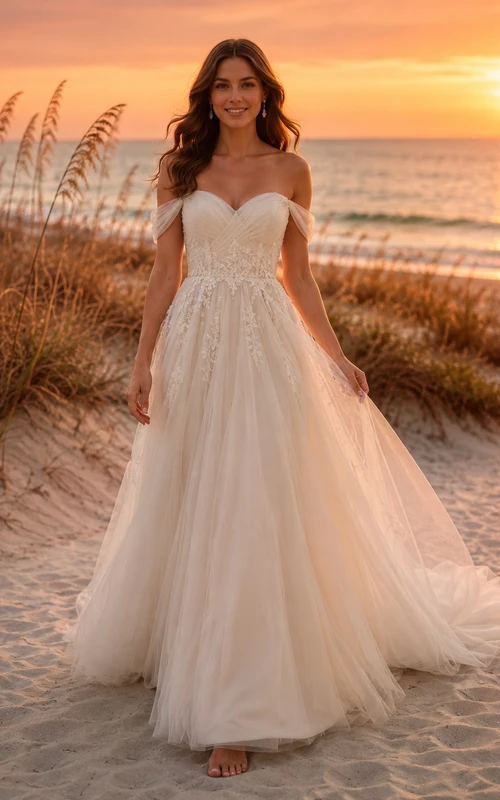 Beach Chiffon Tulle Wedding Dress A-Line Off Shoulder Sweep Train Bridal Gown
