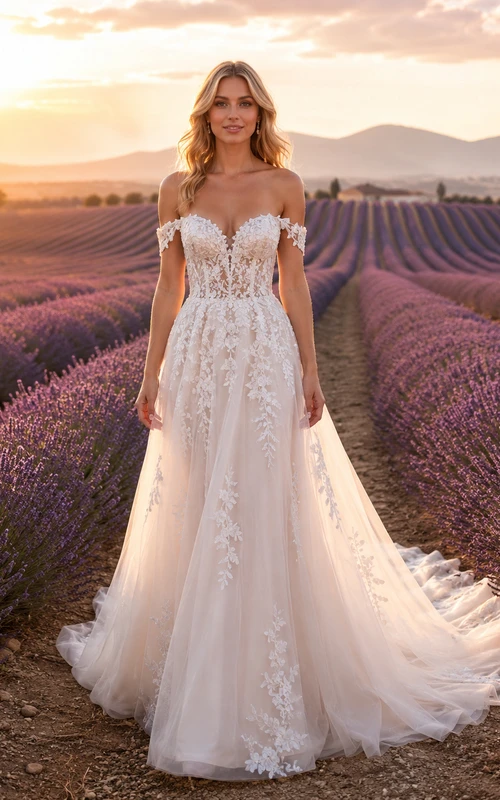 Lace Wedding Dress A-Line Off Shoulder Sweep Train Low V Back Bridal Gown